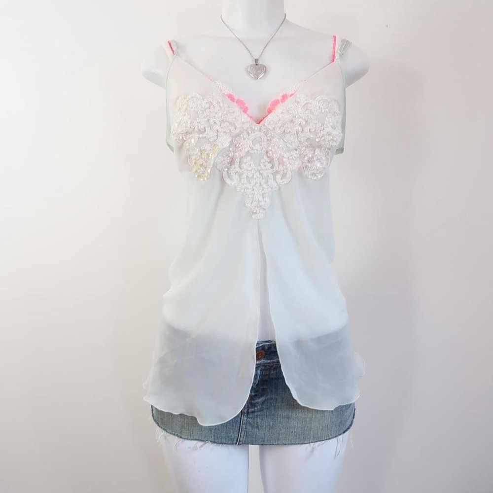 white beaded lace cami sheer mesh coquette y2k size XL